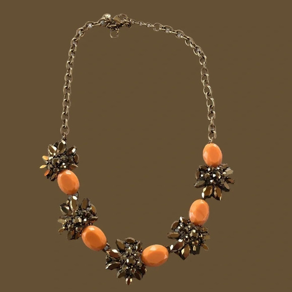 J Crew Brushed Gold Tone Orange Golden Brown Statement Necklace Fashion Jewelry - Picture 1 of 4